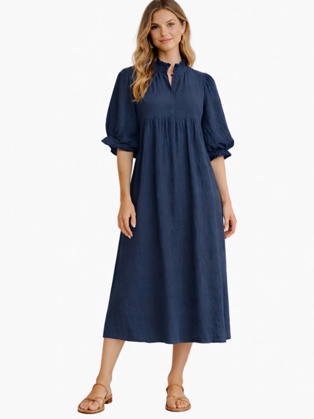 NWT Never A Wallflower Navy Blue Textured Cotton Puff Sleeve Midi Dress Small